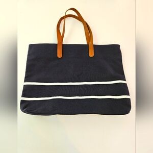 White house black market navy canvas tote White stripes leather Handles